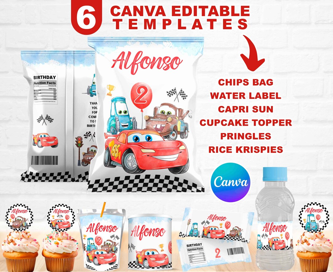 Watercolor Cars Lightning Mcqueen, Water Label, Chips Bag, Cupcake Toppers, Rice Krispies, Capri ...