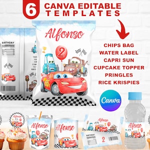 Può includere: Forniture per feste stampabili a tema Cars con auto da corsa rosse, blu e gialle. Il set include un sacchetto per patatine, un'etichetta per bottiglia d'acqua, un'etichetta per Capri Sun, un topper per cupcake, un'etichetta per barattolo di Pringles e un'etichetta per scatola di Rice Krispies. Le etichette riportano il nome "Alfonso" e il numero "2".