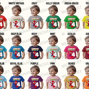 May include: A set of 18 t-shirts featuring a Spiderman design with the text "Lennart Birthday Boy" and the number "4". The shirts are shown in a variety of colors, including red, white, gray, kelly green, green grass, yellow, turquoise, deep blue, navy, mint, azalea, garnet, light blue, royal blue, purple, pink, ocher, and orange.