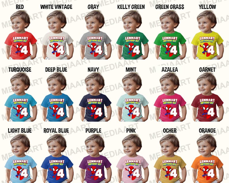 May include: A set of 18 t-shirts featuring a Spiderman design with the text "Lennart Birthday Boy" and the number "4". The shirts are shown in a variety of colors, including red, white, gray, kelly green, green grass, yellow, turquoise, deep blue, navy, mint, azalea, garnet, light blue, royal blue, purple, pink, ocher, and orange.