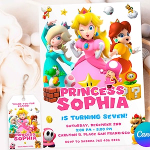 Uitnodiging Princess Peach, uitnodiging Pink Electric, uitnodiging Purple Mario, Canva-sjabloon