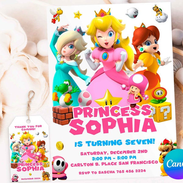 Princess Peach Invite, Pink Electric Invitation, Purple Mario Invite, Canva Template