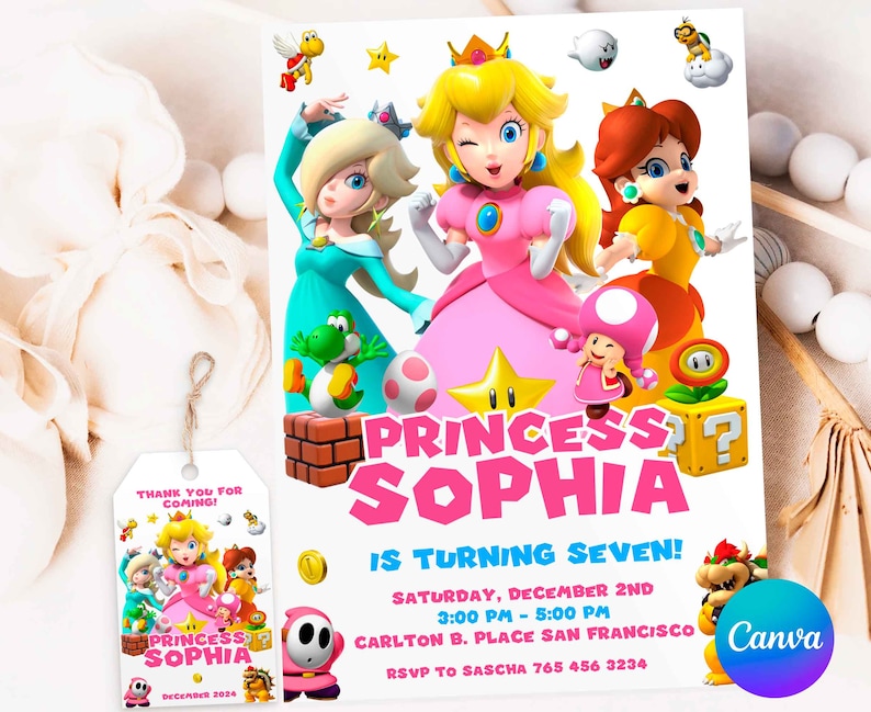 May include: A pink and white invitation with a princess theme. The invitation features a cartoon image of Princess Peach, Princess Daisy, and Princess Rosalina from the Super Mario video game series. The text on the invitation reads "Princess Sophia is turning seven! Saturday, December 2nd 3:00 PM - 5:00 PM Carlton B. Place San Francisco RSVP to Sascha 765 456 3234".
