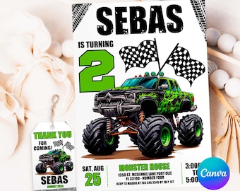 Monster Truck Editable Birthday Invitation, Green Truck Invite, Monster Birthday Invite, Truck Invitation, Any Age, Crush Invite, Canva