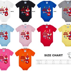 May include: A size chart for baby onesies with a Spiderman graphic and the text "Little Brother". The onesies are available in 10 different colors: light blue, white, black, blue, gray, pink, red, yellow, azalea, and orange. The size chart shows the chest and length measurements in centimeters for sizes 3M, 6M, 9M, 12M, and 18M.