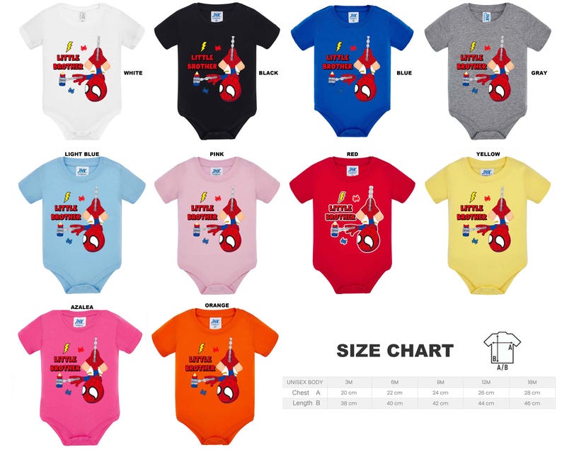 May include: A size chart for baby onesies with a Spiderman graphic and the text "Little Brother". The onesies are available in 10 different colors: light blue, white, black, blue, gray, pink, red, yellow, azalea, and orange. The size chart shows the chest and length measurements in centimeters for sizes 3M, 6M, 9M, 12M, and 18M.