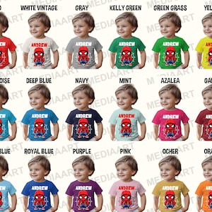 May include: A set of 30 personalized t-shirts featuring a cartoon Spiderman design. The shirts are available in a variety of colors, including red, white, gray, kelly green, green grass, yellow, turquoise, deep blue, navy, mint, azalea, garnet, light blue, royal blue, purple, pink, ocher, and orange. Each shirt has the name "Andrew" printed on it.