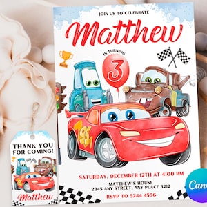 Aquarell Autos Lightning McQueen, Mater Geburtstagseinladung, Renneneinladung, Luftballons Einladung, Canva Vorlage