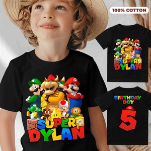 Mario Geburtstags-T-Shirt 100% Baumwolle, Super Mario Geburtstags-T-Shirt, Mario T-Shirt Schwarz oder Weiß, Geburtstagskind