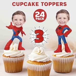 May include: 24 red and blue Spiderman cupcake toppers with a child's face on each. The toppers have a web design and the number 3 in the center.
