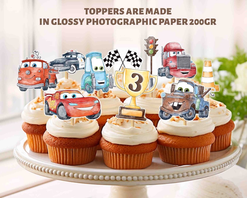 May include: Set of 8 cupcake toppers featuring characters from the Cars movie. The toppers are printed on glossy photographic paper and include Lightning McQueen, Mater, a fire truck, a trophy, a traffic light, and a construction cone.