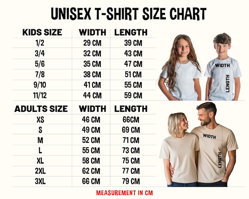 May include: Unisex t-shirt size chart with measurements in centimeters for kids and adults. The chart shows the width and length of the shirts in different sizes.