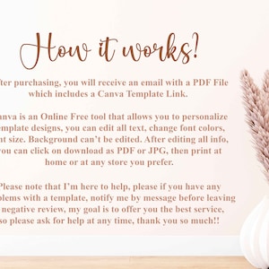 May include: Text explaining how to use a Canva template. The text says, "How it works? After purchasing, you will receive an email with a PDF File which includes a Canva Template Link. Canva is an Online Free tool that allows you to personalise template designs, you can edit all text, change font colours, font size. Background can't be edited. After editing all info, you can click on download as PDF or JPG, then print at home or at any store you prefer. Please note that I'm here to help, please if you have any problems with a template, notify me by message before leaving a negative review, my goal is to offer you the best service, so please ask for help at any time, thank you so much!!"