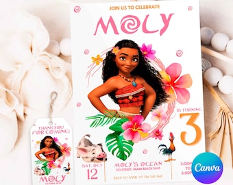 May include: A pink and white birthday invitation featuring Moana from Disney's Moana. The invitation says "Join us to celebrate Molly is turning 3" and includes a date, time, and location. The invitation also includes a thank you tag with a picture of Moana.