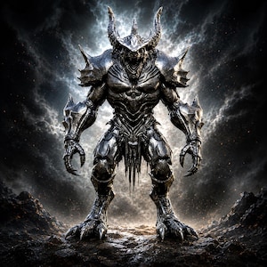 May include: A metallic, dark silver humanoid creature with large, curved horns and sharp, spiked armor plating on its shoulders and limbs. The figure has clawed hands and feet, a textured, muscular torso, and a tattered, hanging waist garment.