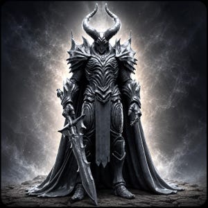 May include: A dark, metallic armored figure with large, curved horns on its helmet. The armor features intricate, ribbed chest plating and sharp shoulder pauldrons. It holds a long, jagged sword in one hand and wears a long, flowing dark cape.