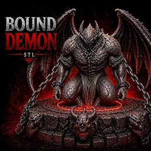 May include: A detailed sculpture of a kneeling demon with large wings, chained and posed on a stone pedestal. The text "BOUND DEMON STL" is displayed above the demon. The color palette is primarily dark gray and red.