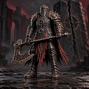 May include: A dark, weathered suit of plate armor featuring intricate spiked details, a full-face helmet with a crown-like top, and tattered red fabric accents. The armor holds a large, heavy battle axe with a matching ornate, spiked design.