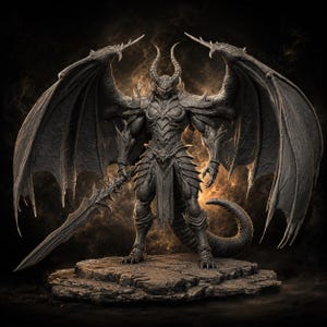 May include: A grey, detailed figurine of a winged demon with large horns, muscular build, and armor plating. The figure stands on a cracked stone base, holding a long, jagged sword in one hand, with a thick, curved tail visible behind it.