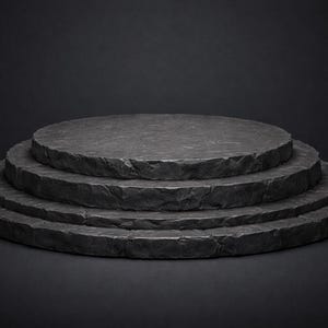 May include: A tiered display stand with four circular platforms. The platforms are made of dark gray stone with rough, textured edges. The stand is set against a dark background, creating a dramatic presentation for showcasing products.