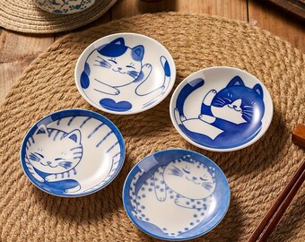 Set of 4 Japanese Cute Cat Side Dish Plates - Made in Japan