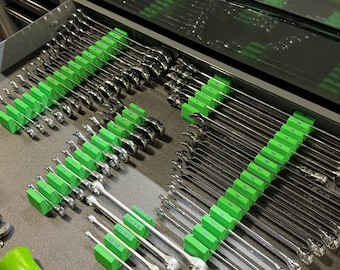 May include: A collection of shiny, silver wrenches neatly organized in a gray toolbox drawer. The wrenches are held in place by bright green holders. A green handled tool is in the foreground.