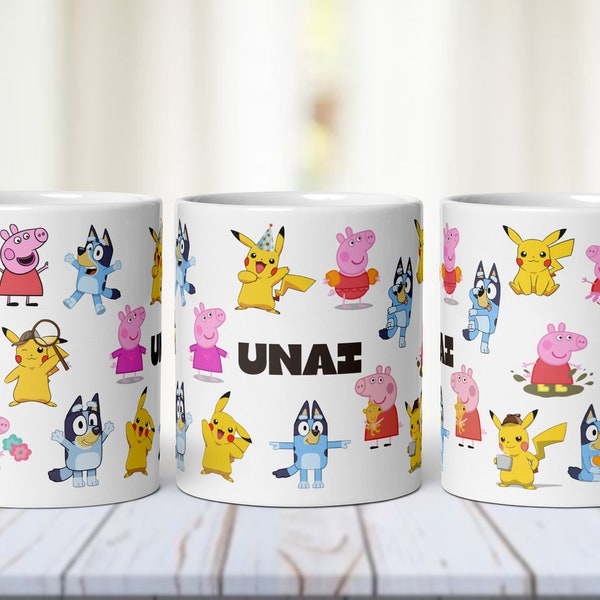 Taza infantil personalizada con nombre y dibujos animados