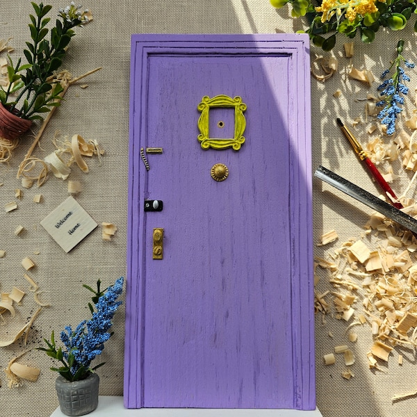 Friends' door, Monica's door, miniature door, carved door, handmade door, wall decoration  ,  purple door,  fairy door