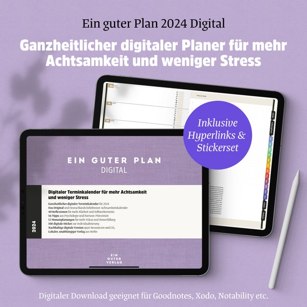 Un buen plan | Planificador digital con fecha 2024 | Para iPad, GoodNotes, Notabilidad | Calendario de citas consciente, planificador semanal + planificador mensual