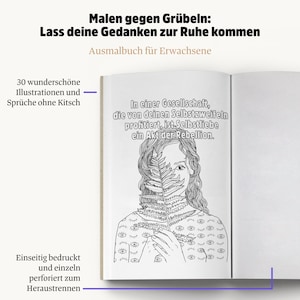 May include: An open adult coloring book with a black and white illustration of a woman holding a fern. The text reads "In a society that profits from your self-doubt, self-love is an act of rebellion." Additional text includes "30 beautiful illustrations and quotes without kitsch."