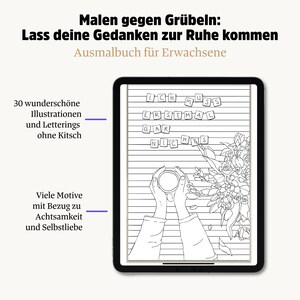 May include: An adult coloring book displayed on a tablet. The book features line art illustrations and lettering. The text on the tablet reads "ICH MUS S ERST MAL GAR NICHTS". The image also includes text in German.