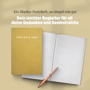 Notizbuch Eine gute Idee Mini in Honig - daneben aufgeklappt mit Blankoseite und Stift in rosé