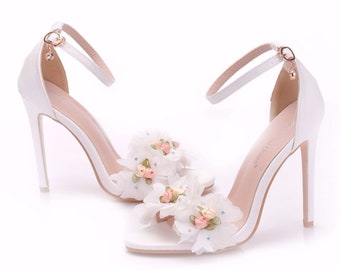 White Fairy Wedding Heels With Floral Ankle Strap And Chiffon Flower - Floral Bridal Sandals - Fairy Wedding Shoe - High Heel Flower Sandals