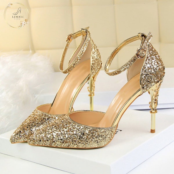 Elegant Party Sandals with Metal Stiletto and Glitter Pumps - Luxury Women's Wedding Shoes in Gold or Silver for the Bride - High Heels
