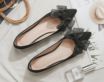Women Shoes Loafers Ballerina - Elegant Cozy Pointed Toe Shallow Moccasins - Blue Bow-knot Ballet Flats Pumps - Versatile and Chic Footwear