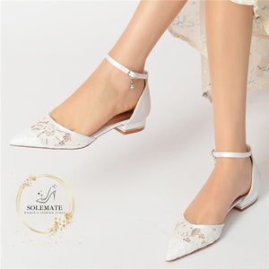 Comfort Lace Wedding Flats Shoes for Bride -  Pointed Toe Ankle Buckle Strap Formal Bridal Shoes - Flat Bottom Shoes - White Ballerina Shoes