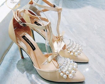 Mode Braut weiße Perlen Spitz High Heel Hochzeitsschuhe - Elegante Perlen Hochzeit High Heel Schuhe