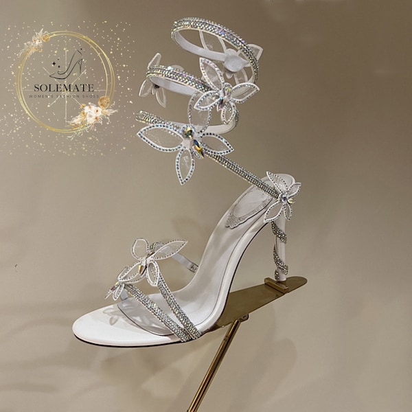 Elegant Crystal Sequins High Heels With Long Straps And White Butterfly - Wedding Guest Shoes  - Bridal High Heels Sandals