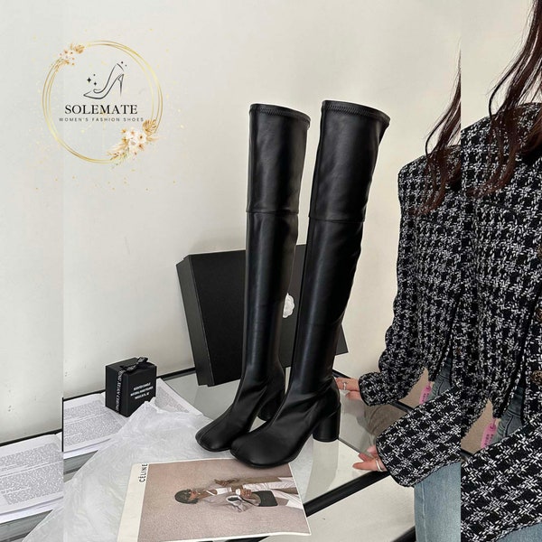 Leather Tabi Midi  Boots - Fashion Winter Boots - Elegant Runway Boots - Round Toe Stretchy Boots -  Slip On Midi Boots For Any Occasion