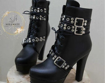 Ankle Boots-Platform mit High Heels und Schnallen Riemen - Unisex Plus Size High Heels - Schnüren High Heels