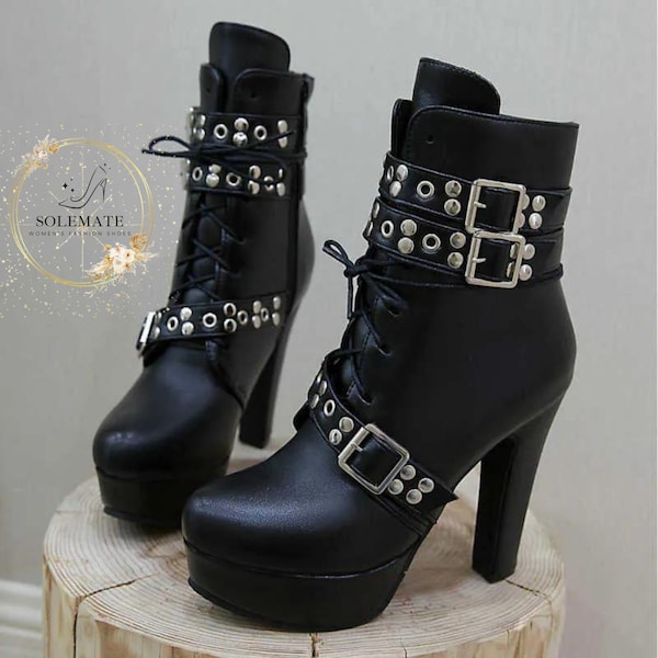 Ankle Boots Platform With High Heels And Buckles Straps - Unisex Plus Size High Heels - Lace Up High Heels