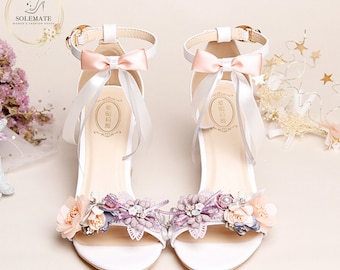 Fairy Wedding Heels With Bowtie Ankle Strap And Open Toe - Floral Bridal Sandals - Bowtie Wedding heels - Bowtie Bridal Heels