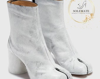 Split Toe Block Heel - Pull-On Casual Shoes - Retro White High Pumps - Elegant Runway Shoes - Split Toe Boots For Any Occasion