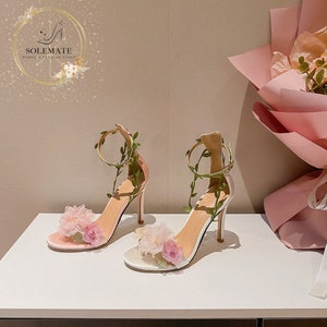 Fairy Wedding Heels With Floral Ankle Strap And Chiffon Flower - Floral Bridal Sandals - Fairy Wedding Shoe - High Heel Flower Sandals.