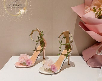 Fairy Wedding Heels With Floral Ankle Strap And Chiffon Flower - Floral Bridal Sandals - Fairy Wedding Shoe - High Heel Flower Sandals.