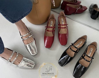 Retro Style Round Toe Mary Jane Flats - Vintage Soft Foldable Strap Mary Janes - Red Black Sliver Khaki Beige Mary Janes - Ballet Shoes