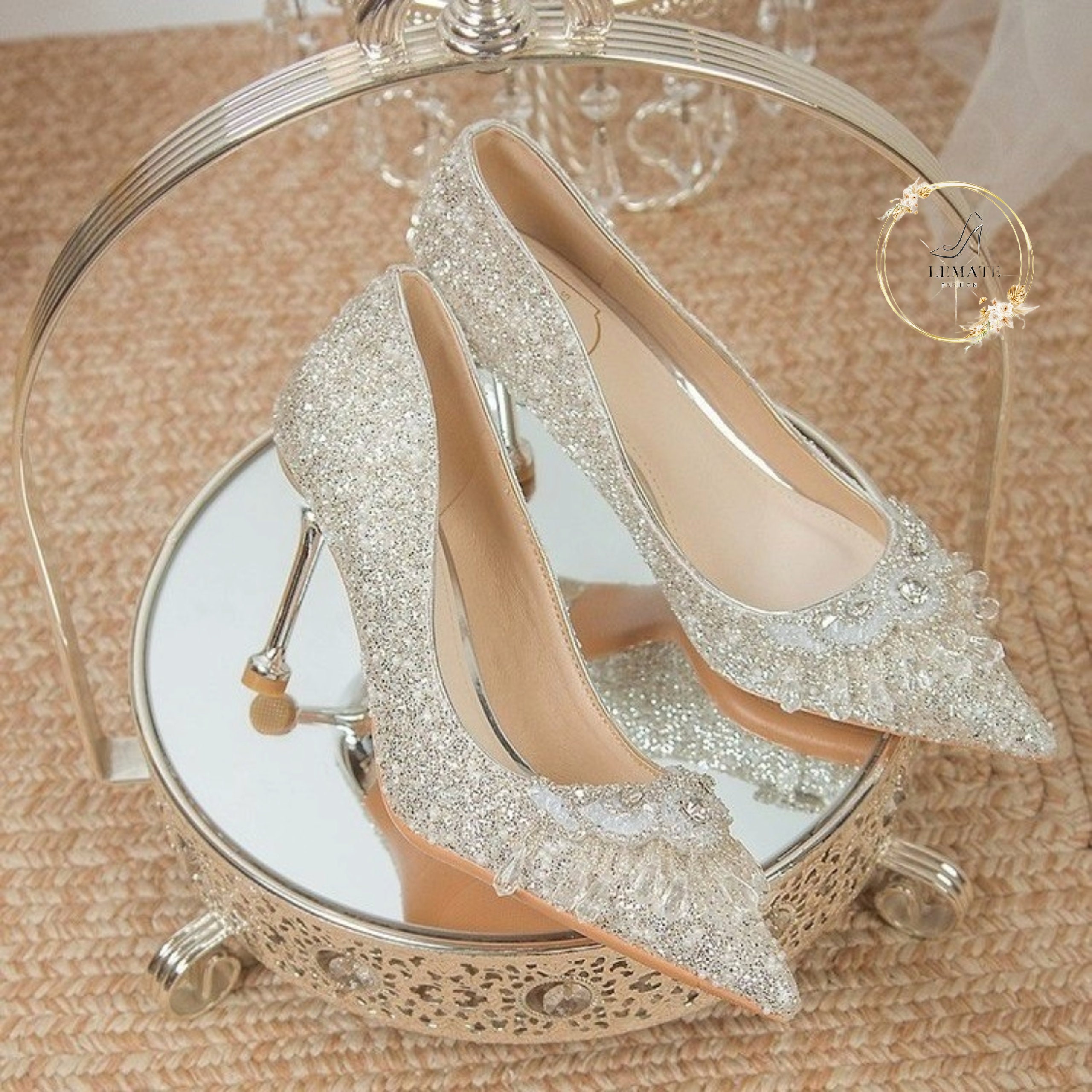 Charming Silver Lace Butterfly Wedding Shoes 2021 Leather Rhinestone 9 cm  Stiletto Heels Pointed Toe Wedding