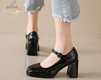 Autumn Shiny Leather Pumps With Round Toe Buckle Strap - Mary Jane Single Shoes - Solid Color Pumps - Mary Jane Fashion Heels