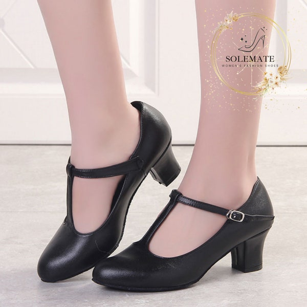 Retro T-Strap Leather Shoes - Elegant Women Pumps - Wedding Guest Shoes - Round Toe Heels - High Heel Women Shoes - Mary Jane Leather Heels