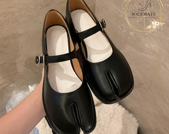 Elegant Flats Mary Jane Tabi Shoes -  Leather Split Toe Tabi Platform -  British Style Pumps - Formal Flat Shoes - Tabi Flat Pumps